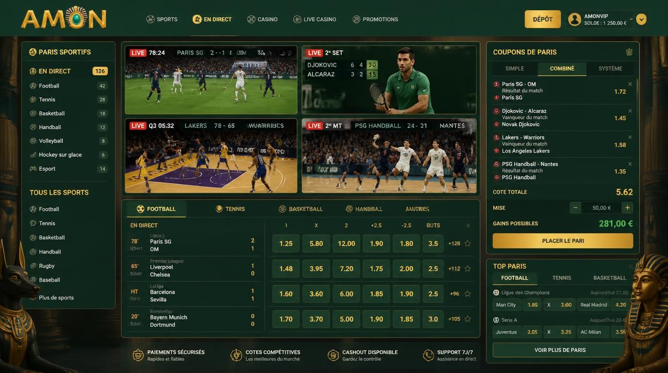 Écran multi-view montrant plusieurs matchs en direct avec cotes mises en avant dans une interface casino