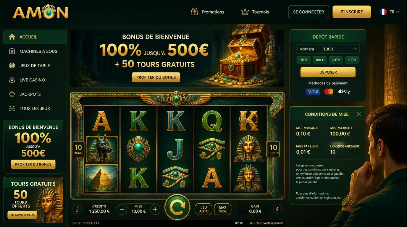Image montrant bonus de bienvenue avec tours gratuits et conditions de mise