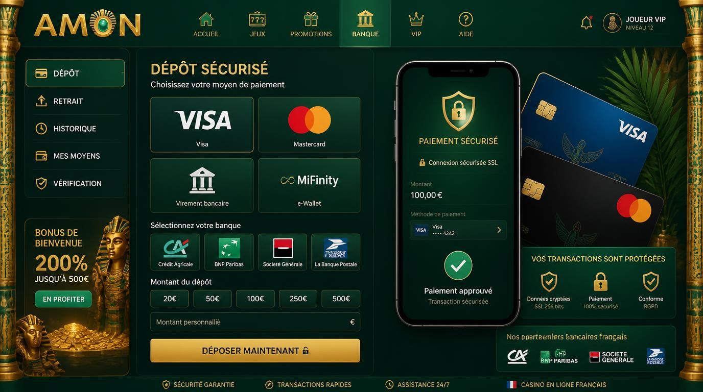 Carte bancaire Visa et Mastercard avec interface de dépôt sécurisé.