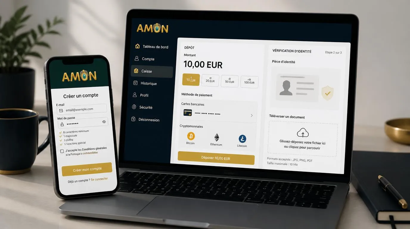Interface d’inscription et caisse de casino avec vérification d’identité et dépôt de 10 EUR