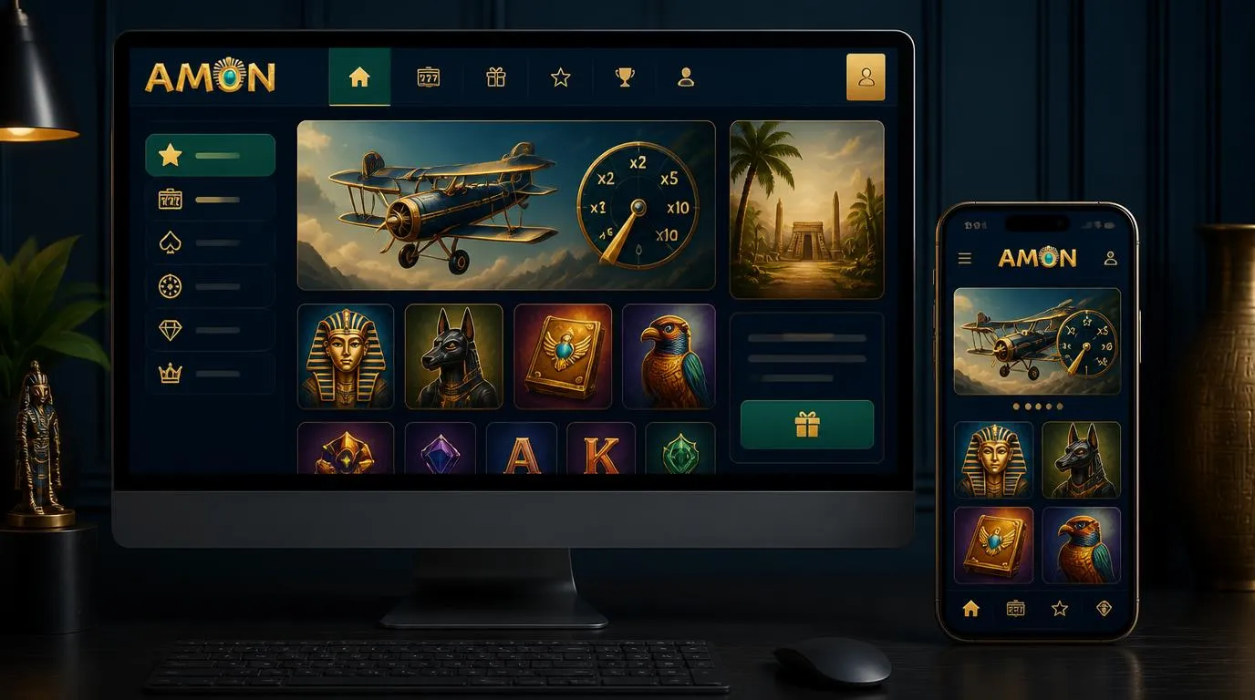 Interface de casino sur ordinateur et téléphone, avec un catalogue de jeux organisé en catégories