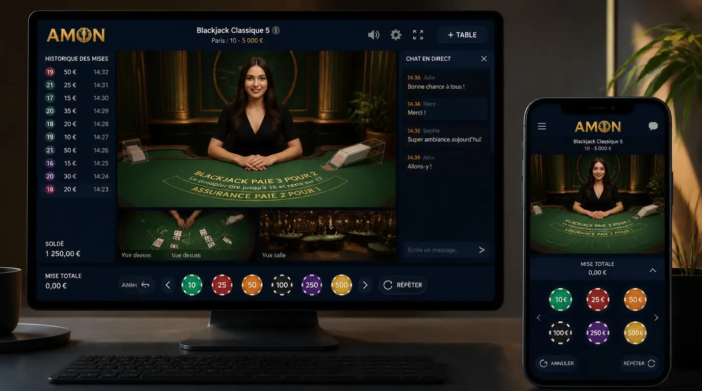 Interface de casino en direct avec croupière, chat latéral, historique des mises et vues caméra