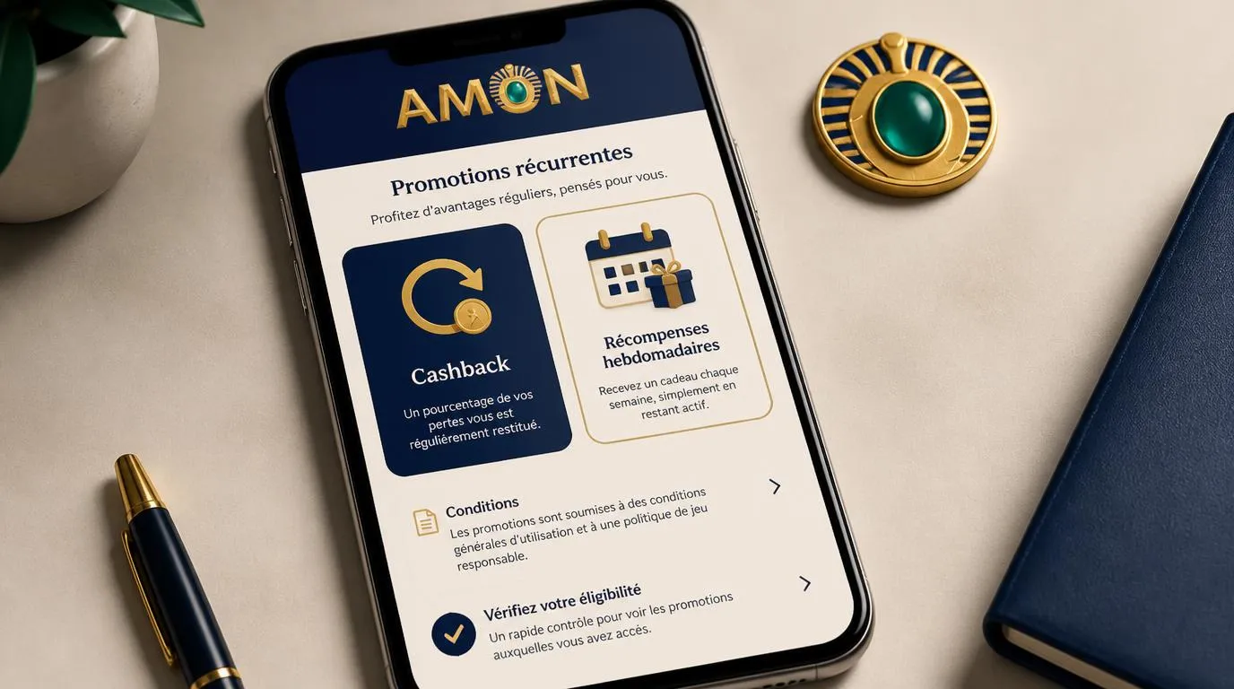 Interface illustrative sur mobile avec cartes de cashback, récompenses hebdomadaires et conditions des offres